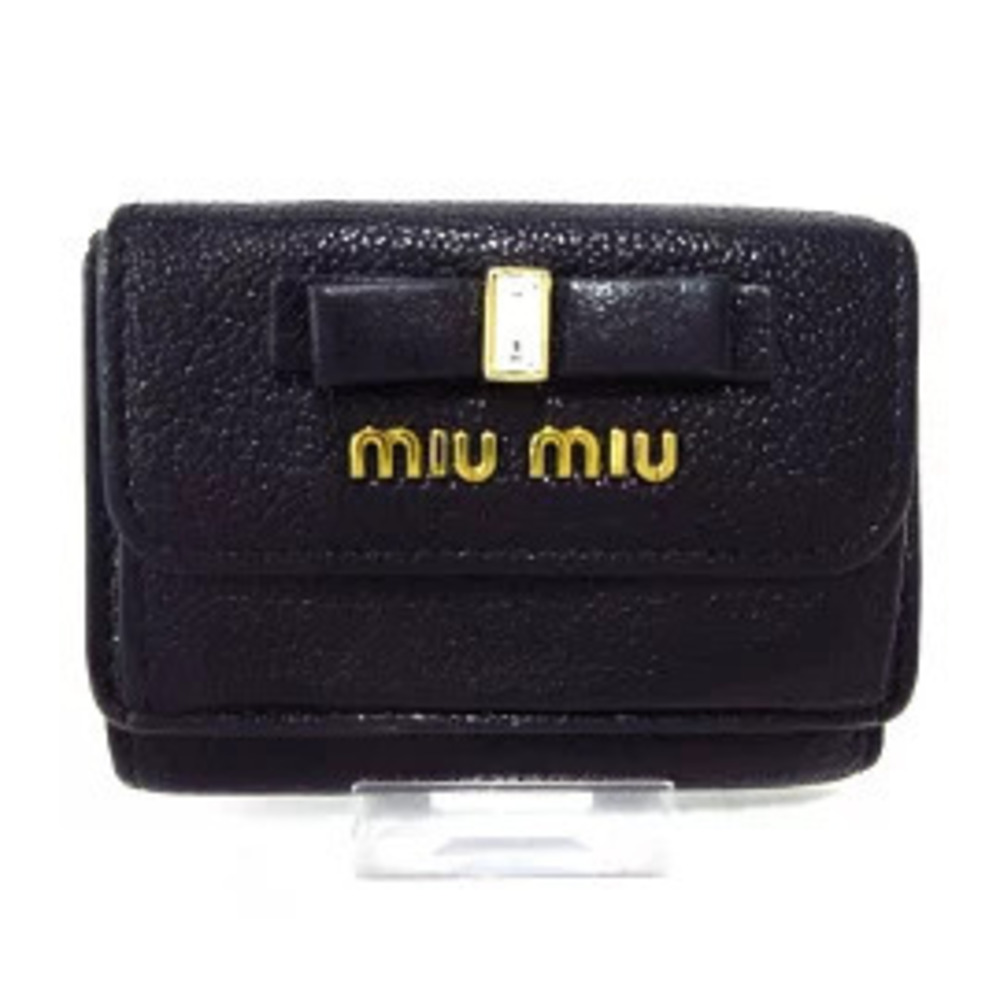 Miu Miu Tri fold Wallet Ribbon Rhinestone Black Leather